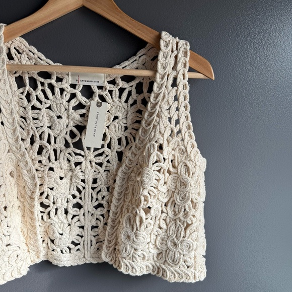 Anthropologie Women Cream Cotton Crochet Crop Vest Brand New With Tags NWT - Picture 3 of 6